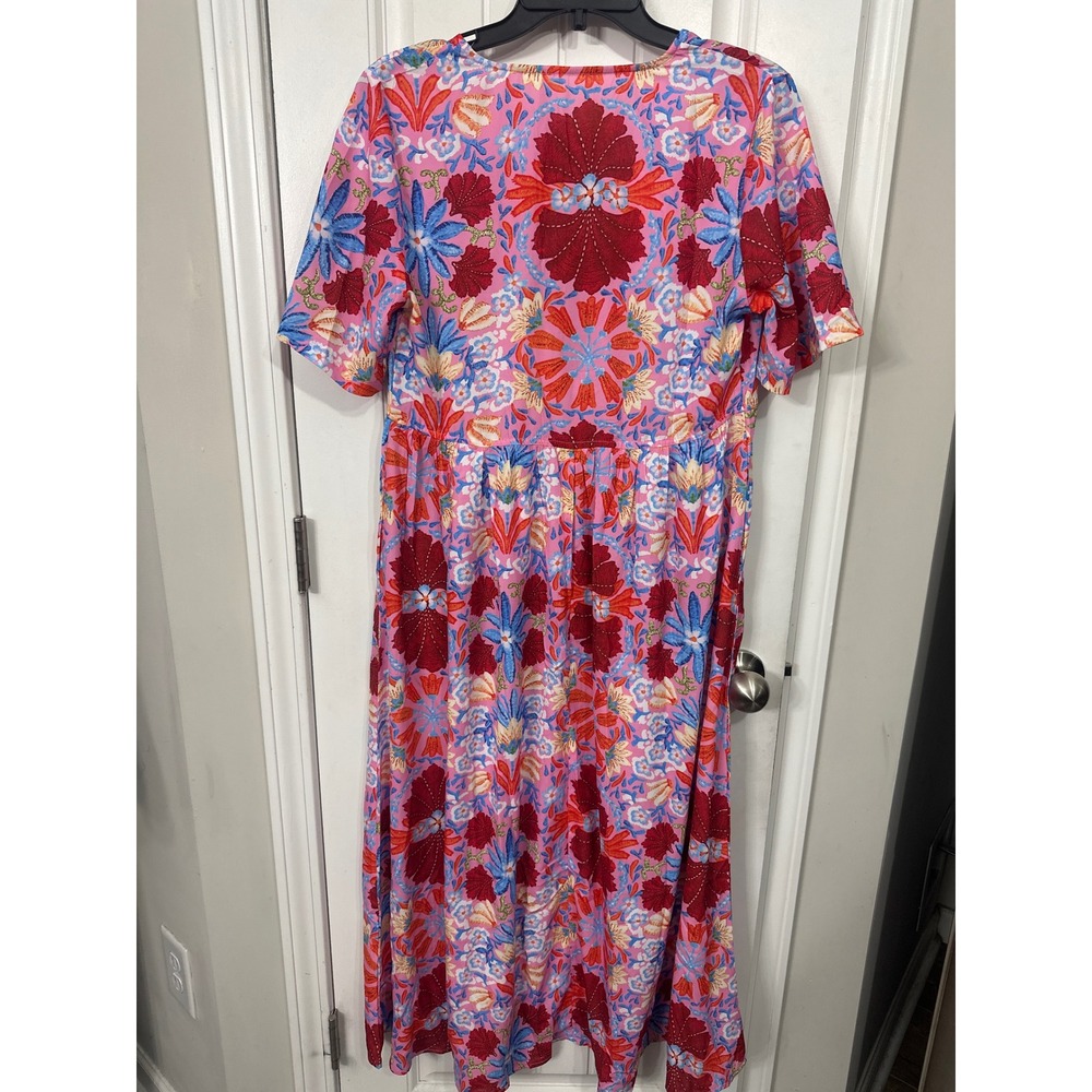 Pink Floral Keyhole Tie Front Maxi Dress Short Sleeve Boho Small Wedding Guest - Picture 5 of 8